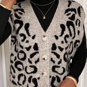 Taupe Leopard Print V-Neck Sweater Vest